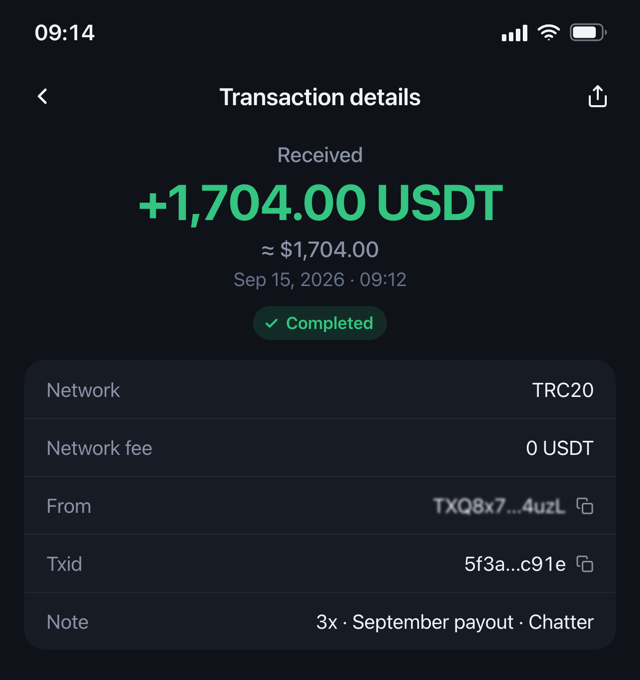 Example: two week payout, USDT, chatter at 5%